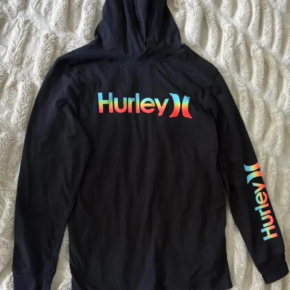 Hurley Kids' Black Long Sleeve Hooded Graphic Tee size large